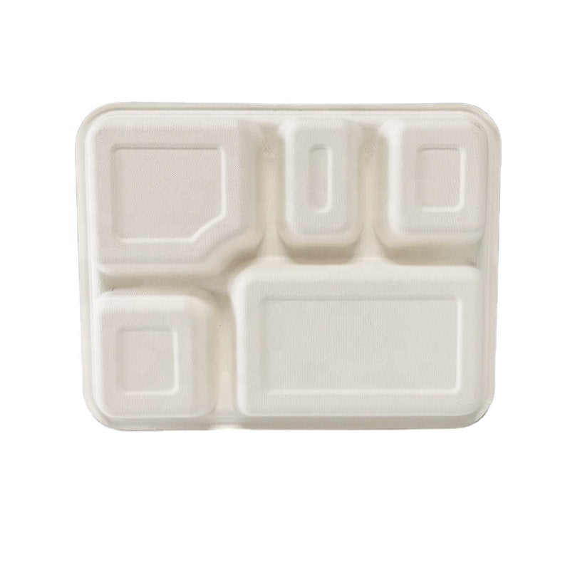 Sugarcane Bagasse - 5 Compartment Meal Tray With Lid - White - 50 Pcs - salpers.ch