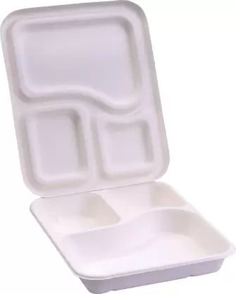 Sugarcane Bagasse 3 Compartment Meal Tray with Lid - White - 50 Pcs - salpers.ch