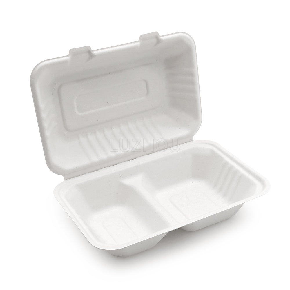 Sugarcane Bagasse - 2 Compartment Clamshell Box- White - 50 Pcs - salpers.ch