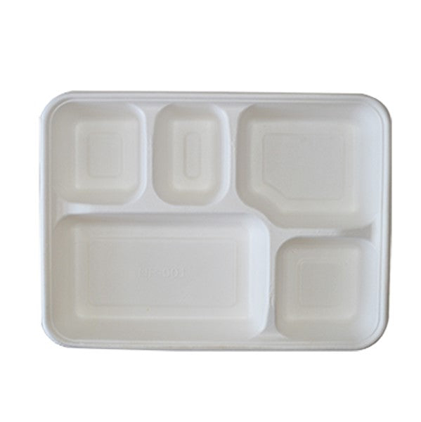 Sugarcane Bagasse - 5 Compartment Meal Tray With Lid - White - 50 Pcs - salpers.ch