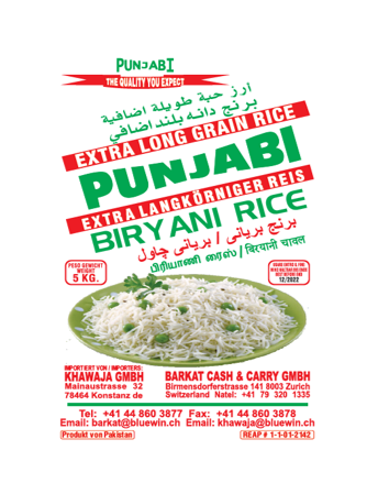 Punjabi Extra Long Grain Biryani Rice - 5KG - salpers.ch