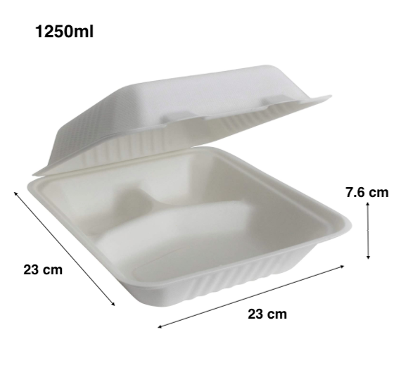 Sugarcane Bagasse - 3 Compartment Clamshell Box- White - 50 Pcs - salpers.ch