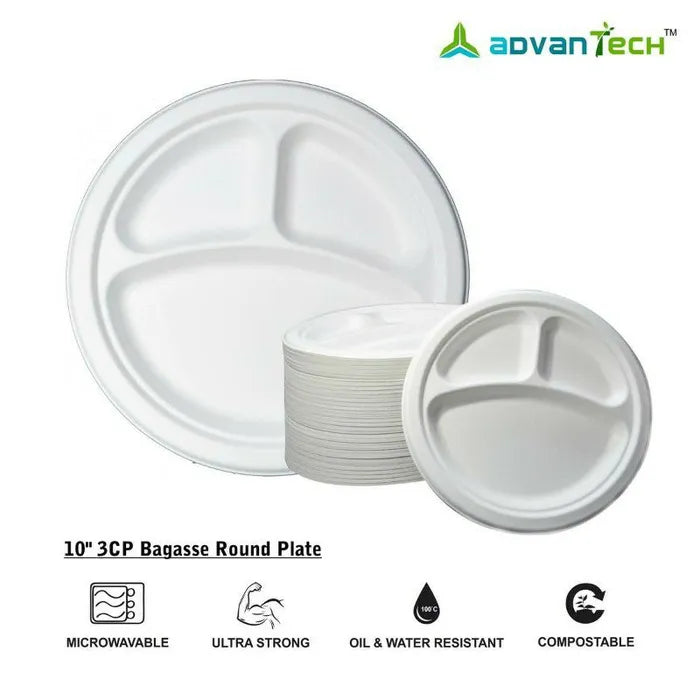 100 % Eco Friendly 10 inch 3 Compartment Round Plate - White - 50 Pcs - salpers.ch