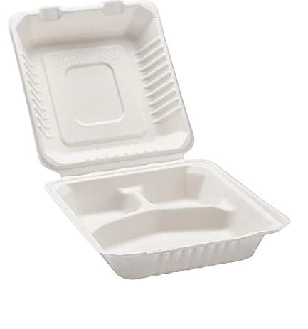 Sugarcane Bagasse - 3 Compartment Clamshell Box- White - 50 Pcs - salpers.ch